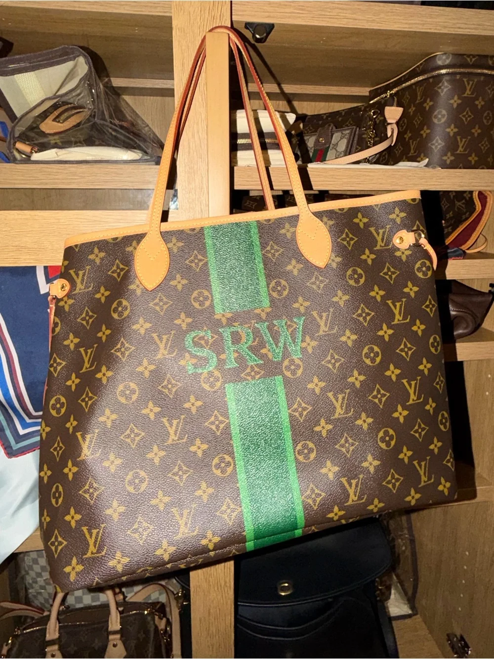 Louis Vuitton Neverfull GM Monogram Tote with Green Stripe personalized 100%auth